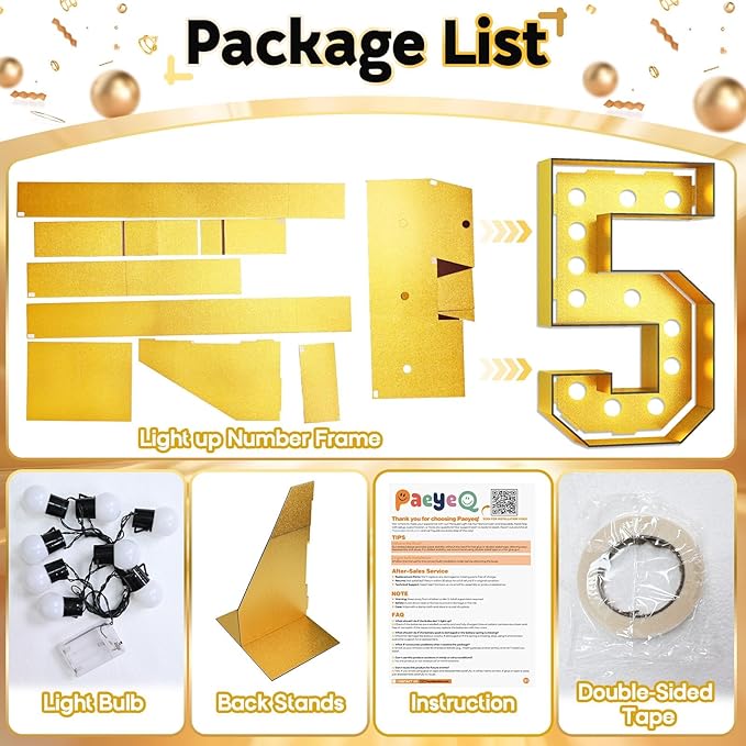 4FT Large Light Up Numbers 5, Gold Number 5 Marquee Frame Marquee Mosaic Numbers for 5th Birthday, Giant Light Up Number 4 Feet Tall DIY Frame Pre-Cut Foam Board Kit for Graduation Anniversary Party