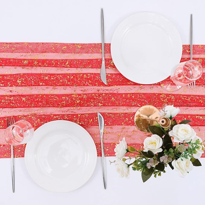 BINBE 3PCS Red Table Runner 10Ft Sheer Chiffon Fabric Cheesecloth Sequin Glitter Table Runner for Wedding Birthday Party Decor