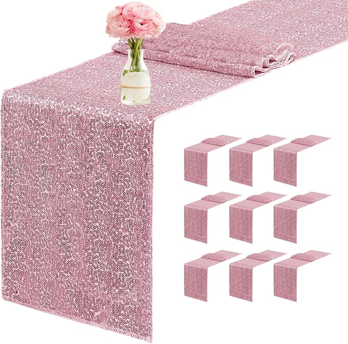 10 Packs 12 x 72 inches Sequin Table Runner, Rose Pink Glitter Table Runner for Birthday Party Supplies Wedding Engagement Baby Shower Holiday Celebration Event Decorations