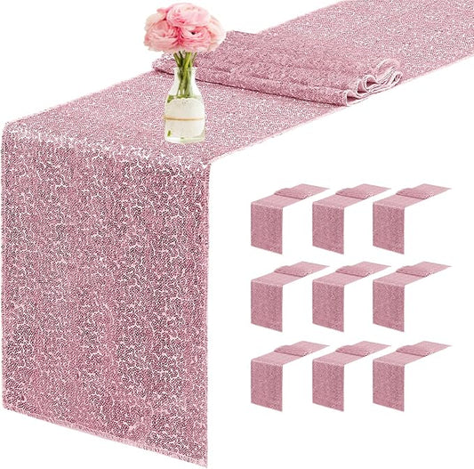 10 Packs 12 x 72 inches Sequin Table Runner, Rose Pink Glitter Table Runner for Birthday Party Supplies Wedding Engagement Baby Shower Holiday Celebration Event Decorations