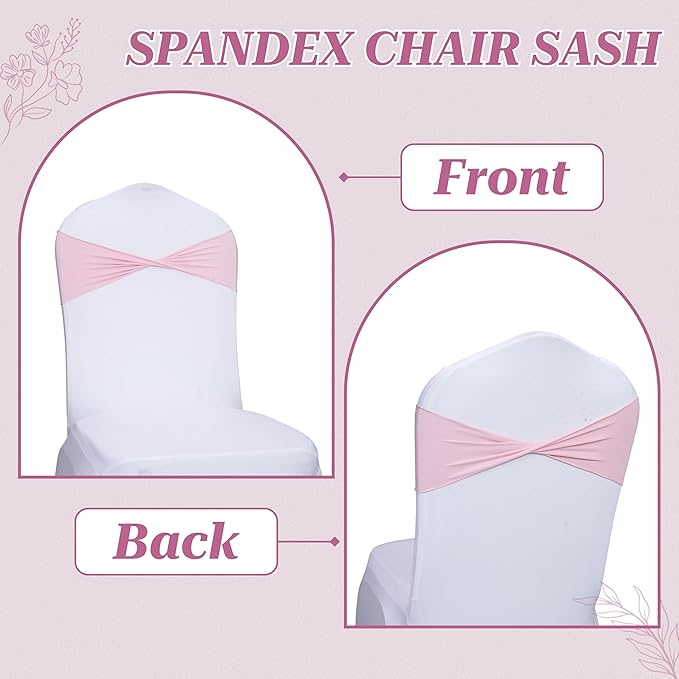 MDS Pack of 50 Spandex Chair Sashes Bows Elastic Stretch Dining Chair Bands Ties Without Slider Buckle Universal fits for Wedding Baby Shower Birthday Party Banquet Event Decoration - Blush Pink