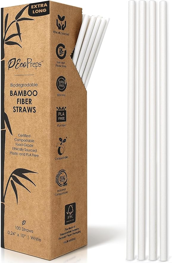EcoPreps 10” Biodegradable Bamboo Fiber Straws, Extra-Long Straw | 100 Count, 100% Compostable, Plastic-Free, Eco-Friendly Drinking Straw | Plant Fiber, Party Jumbo Disposable Straws, 10 Inches Tall