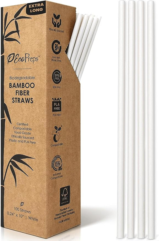 EcoPreps 10” Biodegradable Bamboo Fiber Straws, Extra-Long Straw | 100 Count, 100% Compostable, Plastic-Free, Eco-Friendly Drinking Straw | Plant Fiber, Party Jumbo Disposable Straws, 10 Inches Tall
