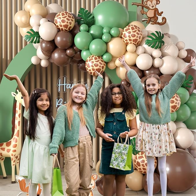 Sage Green Brown Balloon Arch Kit, Safari Balloons Arch with Olive Green Gold Animal Print Balloons Dark Brown Coffee Nude Balloon for Jungle Safari Wild Birthday Baby Shower Party Decoration