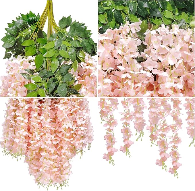 U'Artlines 108 Pack (Total 388.8 Feet) Artificial Fake Wisteria Vine Rattan Hanging Garland Silk Flowers String Home Party Wedding Decor (108, Light Pink)