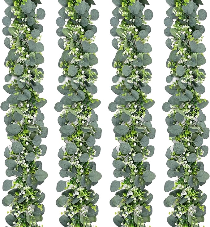 Waipfaru 4Pcs Eucalyptus Garland, 5.9FT Greenery Garland, Green Garland with Flowers, Artificial Faux Silver Dollar Eucalyptus Leaves Vines for Table Home Wedding Mantle Party Indoor Outdoor Decor