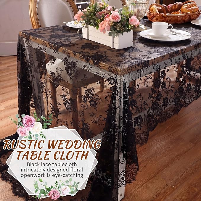 Honeydak 6 Pcs Lace Tablecloth Rectangular 60 x 120 Inch Wedding Rustic Tablecloth Overlay Rose Vintage Embroidered Wedding Reception Party Table Cover Decorations for Bridal Tea Party (Black)