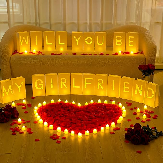 Aurelema 6093 Pcs Will You Be My Girlfriend Light up Letters with LED Flameless Tealight Candle Red Rose Petal Letter Luminary Paper Bag for Valentine's Day Decoration Romantic Special Night Decor