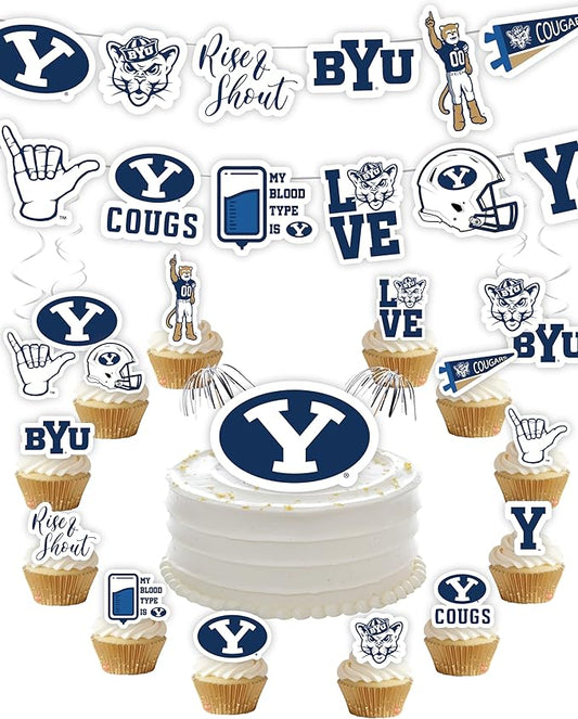 Brigham Young University Party Supplies for Cougs Football, Birthday Gift, Graduation Party Banner and Cake Toppers (42 Pieces) (BYU Cougars)