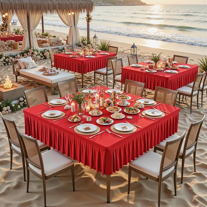 Wish Care Red Spandex Tablecloths for 48x48 Inch Square Tables, Stretch Fitted Table Clothes with Pleated Ruffle Skirt for 48” Table, Wrinkle Free and Elastic, for Party Kitchen Home Dining