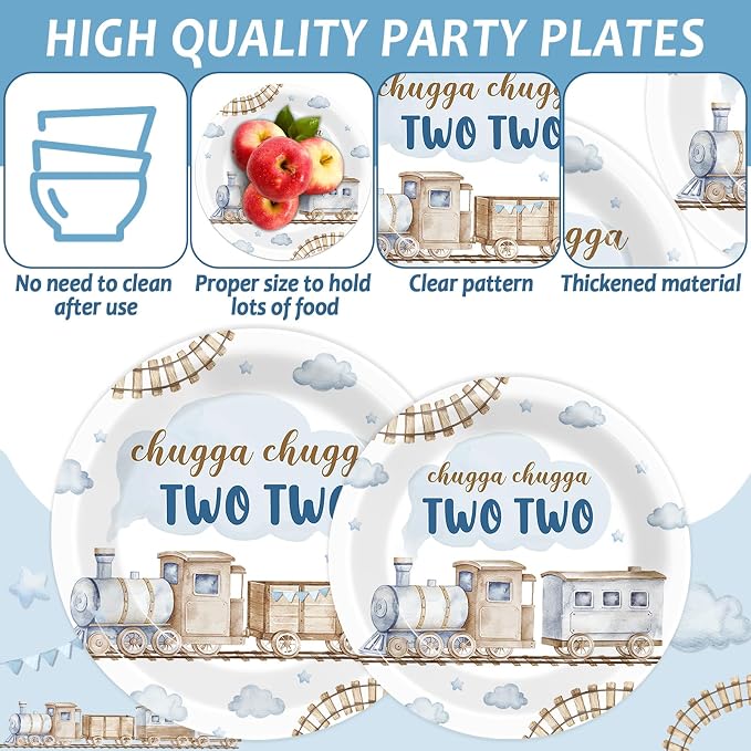 96Pcs Chugga Chugga Two Two Birthday Party Supplies Watercolor Train 2nd Year Old Paper Plates and Napkins Choo Choo I'm 2 Tableware Disposable Dessert Dinnerware Set for Birthday Decor for 24 Guests