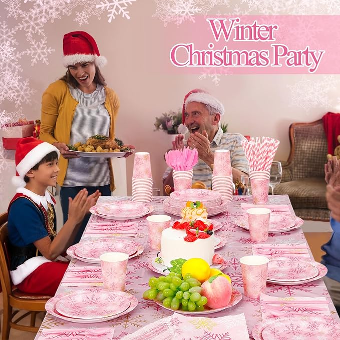 Funnymoom 452 Pcs Pink Snowflake Party Decoration for 50, Pink Gold Winter Snowflake Paper Plates Napkins Cups Tablecloth Cutlery Straws for Winter Baby Shower Wonderland Birthday Supplies