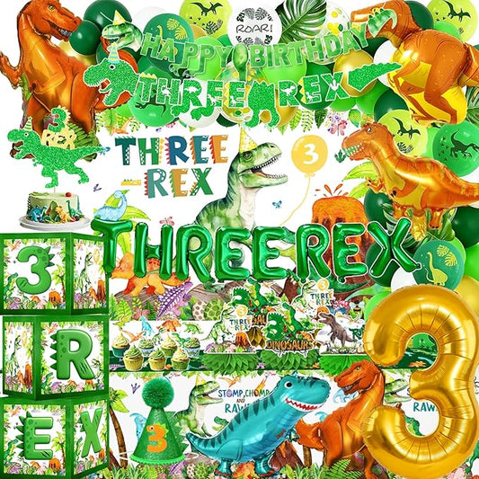 Three Rex Dinosaur 3rd Birthday Decorations For Boys – Dino 3rd Birthday Party Supplies With Banner, Letter Balloons, Backdrop, Tablecloth, Balloon And Boxes,Table Centerpieces For 3 Rex Party