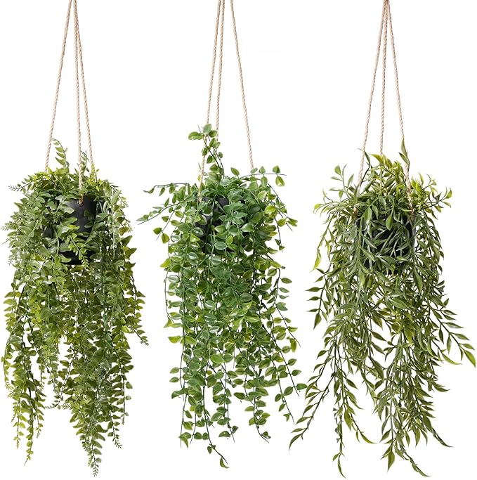 3 Packs 20" Fake Hanging Plants with Black Pots for Wall Decor | Artificial Hanging Plants, Indoor/Outdoor Use, for Home Bathroom Bedroom Office Decor, Easy to Clean, Lifelike Appearance