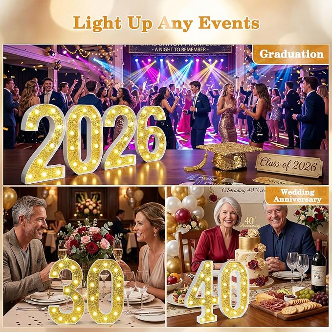 12.6 Inch LED Gold Marquee Light Up Numbers, 30th Birthday Decorations Number Lights as Gifts for Women Men, Glitter Lighted Marquee Numbers for Golden Anniversary Party Table Decor, 30