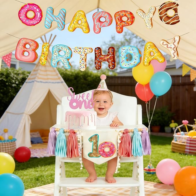 Donut Sweet One Birthday Party Decorations for Girl-Sweet One High Chair Banner Set with 1st Birthday Hat One Cake Topper
