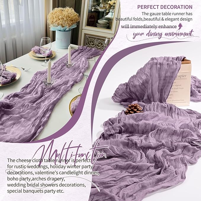 10 Pack Purple Cheesecloth Table Runner 10FT Boho Gauze Cheese Cloth Table Runners Romantic Rustic Sheer Table Decorations for Wedding Party Baby Shower Birthday Holiday Home