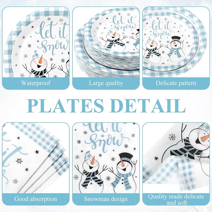 Funnymoom 250 Pcs Winter Snowman Paper Plates and Napkins Party Supplies Blue White Buffalo Plaid Winter Disposable Tableware Set for Christmas Holiday Party Decoration