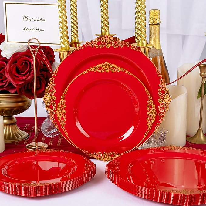 102PCS Red and Gold Plastic Plates - Red Plates Disposable - Vintage Plastic Plate with Gold Rim Include 51PCS Dessert & 51PCS Dinner Plate Perfect for Weddings & Party