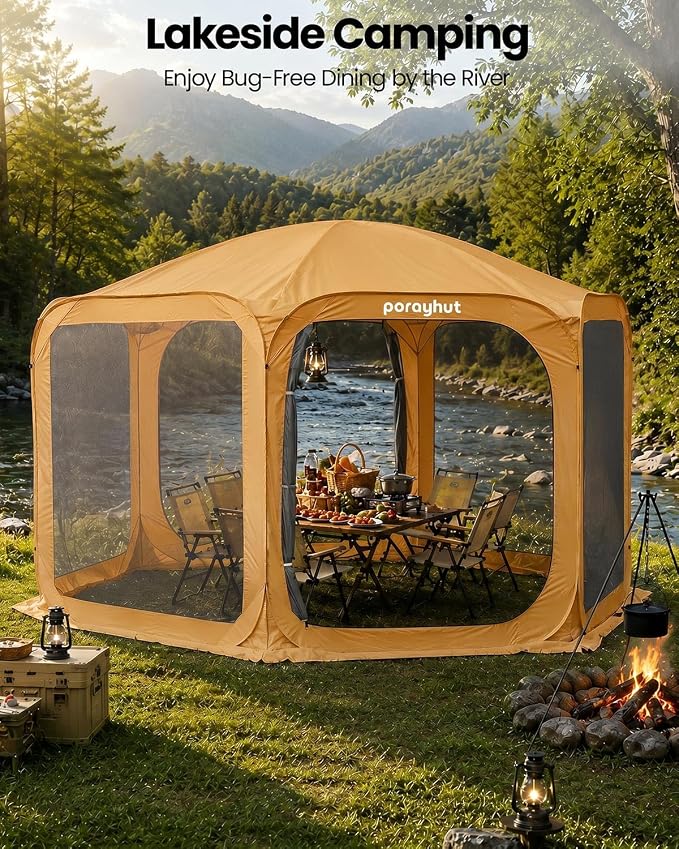 Porayhut Pop up Screen House Tent 12x12FT Sun Shelter with Breathable Mesh Doors,Portable Camping Tent Without Waterproof Floor,Screen Canopy Outdoor for Family Friends Party in Backyard,Park