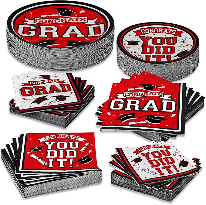 Gatherfun Graduation Party Supplies Dinnerware Set red Disposable dinner paper plates dessert paper plates and Napkins for Congrats Grad Party Decorations, Serve 50