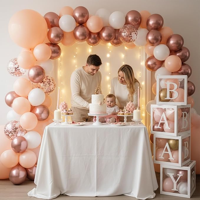 144Pcs Rose Gold Baby Shower Decorations for Girl - Pink Balloon Garland Arch Kit with 4 Baby Boxes - Metallic Gold Confetti Balloons for Princess Birthday, Bridal Shower Background