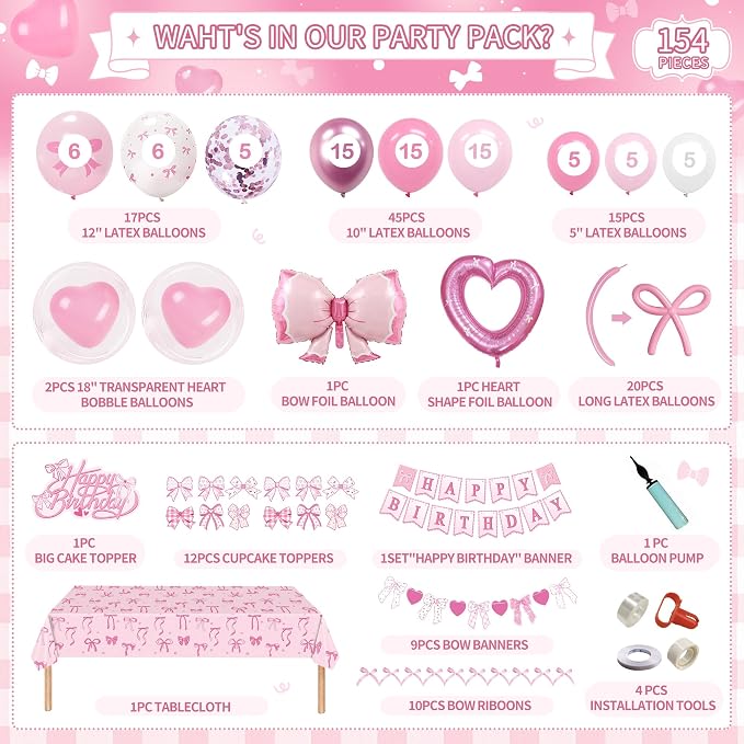 154 pcs Coquette Birthday Decorations,Pink Bow Decorations for Women,Happy Birthday Banner For Girl,Pink and White Balloon Arch Kit with Tablecloth Backdrop Cake Topper