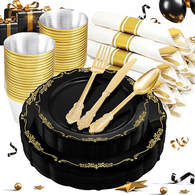 U-QE 175PCS Black Plastic Plates&Pre Rolled Napkins with Gold Cutlery, Black and Gold Plastic Dinnerware Set for 25Dinner Plates, 25Dessert Plates, 25Cups, 25Gold Silverware Sets, 25Napkins for Party