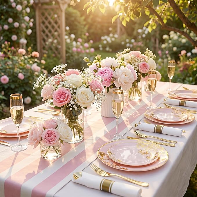 DaYammi 210Pcs Pink Gold Plastic Plates Floral Plates,Pink Disposable Dinnerware Set Includes 60 pink Plate,30 gold Plastic Silverware,30 Per Rolled Napkins,30 Cups,Party plates for Mother's Day Party