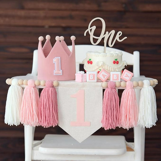 Pink Baby Girl 1st High Chair Banner Wood Bead Tassel Garland Crown Hat Wooden Cake Topper Birthday Party Decorations