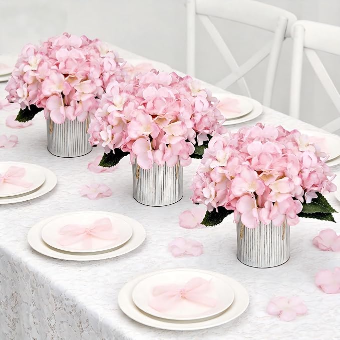 Flower Table Centerpieces - Set of 6 Floral Arrangement Artificial Wedding Hydrangeas Floral Arrangement with Rustic Metal Vase for Bridal Tea Party Event Decorations - Pink