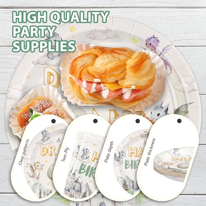 96Pcs Dragon 1st Birthday Party Decorations A Little Dragon is Turning One Plates and Napkins Cartoon Dinosaur Baby Shower Theme Tableware Sets for Kids 1st Birthday Party Supplies Serves 24