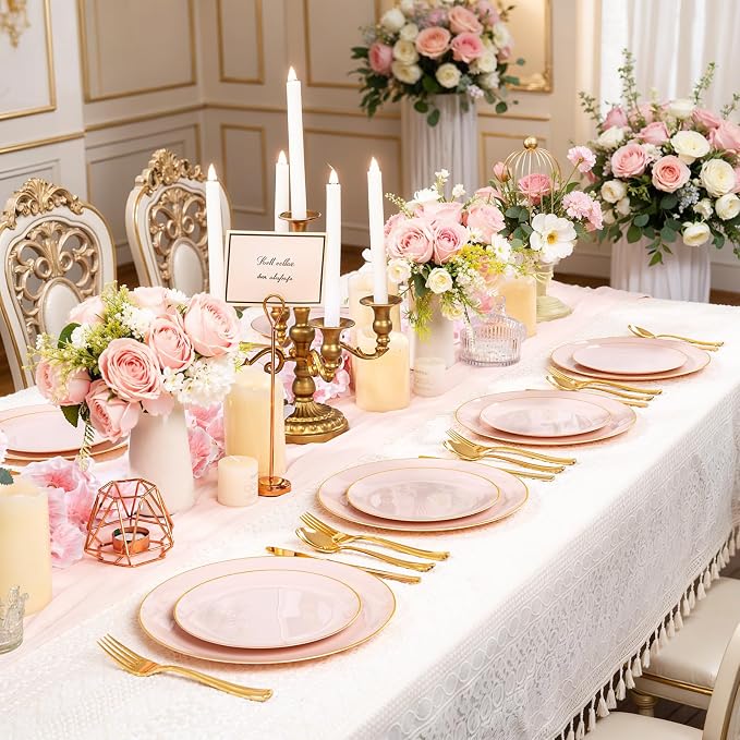 YOUBET 125PCS Pink Plastic Plates - Pink Disposable Plates With Gold Rim - Pinks and Gold Plates Include 25 Dinner Plates, 25 Dessert Plate, 75 Cutlery for Party Wedding Birthday