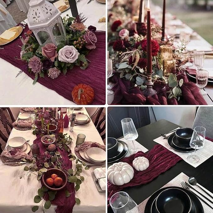 8 Pack Burgundy Valentine's Day Cheesecloth Table Runner 21x120 Inch Wine Red Gauze Reusable Polyester 10ft Boho Rustic Cheese Cloth Table Runner for Wedding Party Baby Shower Birthday
