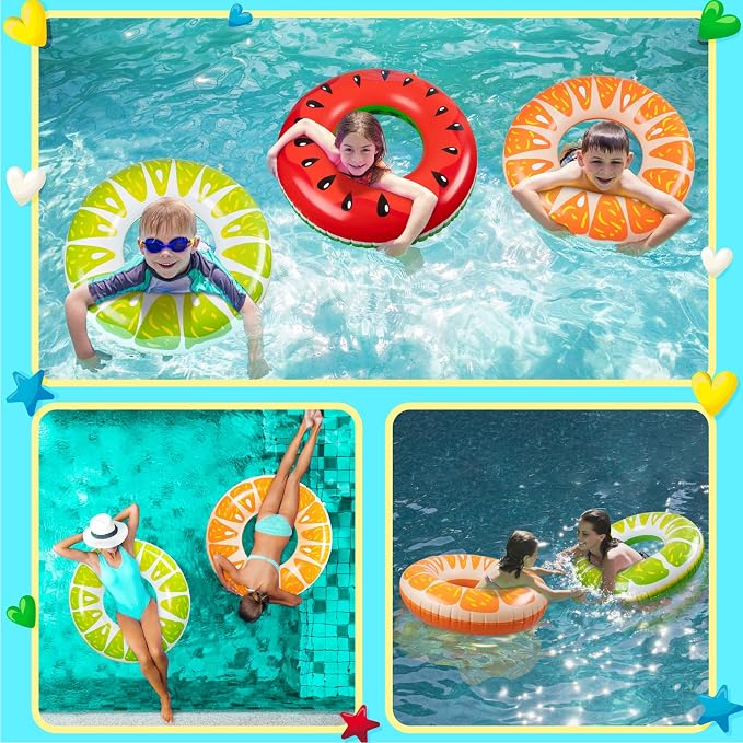 90shine 3-Pack Fruit Pool Floats: Inflatable Floaties Rings, Floating Tubes & Toys for Kids Adults, Swimming Beach Pool Party Decorations