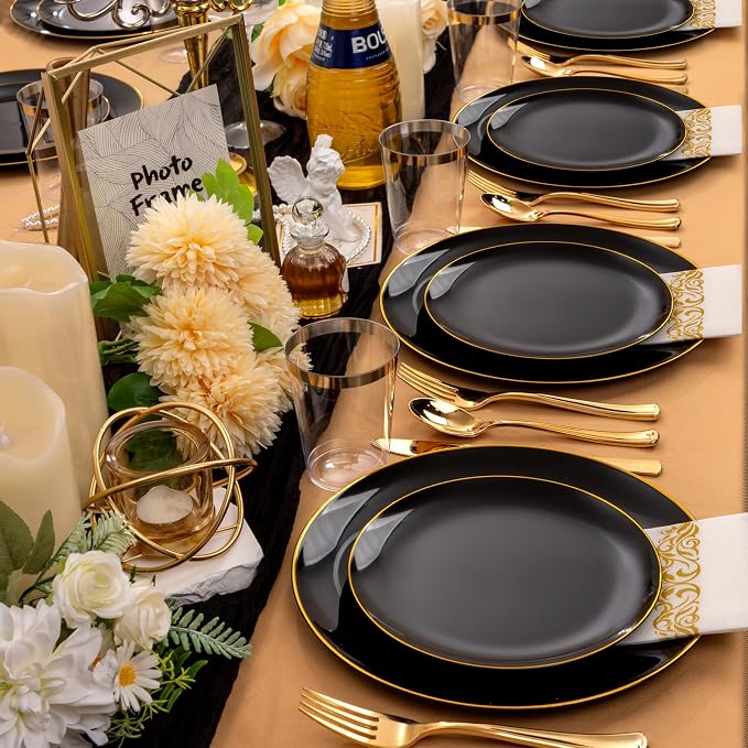 Supernal 350PCS Black and Gold Plastic Dinnerware Set (Serves 50 Guests) - Elegant Black Plates with Gold Rimmed Edges, Disposable Gold Silverware, Cups, Napkins for Party, Wedding,Celebration