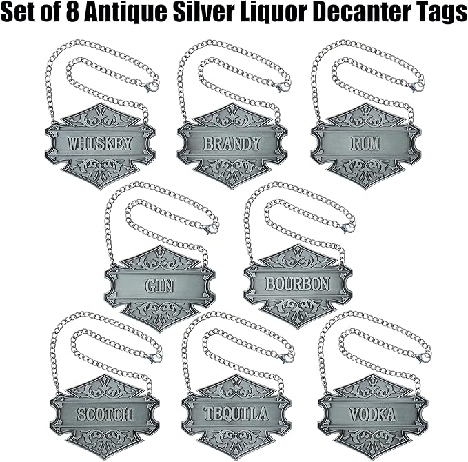 8PCS Liquor Decanter Tags-Gin, Vodka, Bourbon, Whiskey, Brandy, Rum, Scotch, Tequila/Adjustable Chain Bottle Labels/Silver