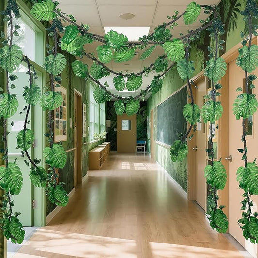 Preboun 34 Pcs Jungle Vines Rainforest Party Decorations 10 ft Artificial Rattans with Palm Leaves Fake Ivy Vines Tropical Rainforest Safari Decor for Forest Jungle Dinosaur Party Indoor Outdoor