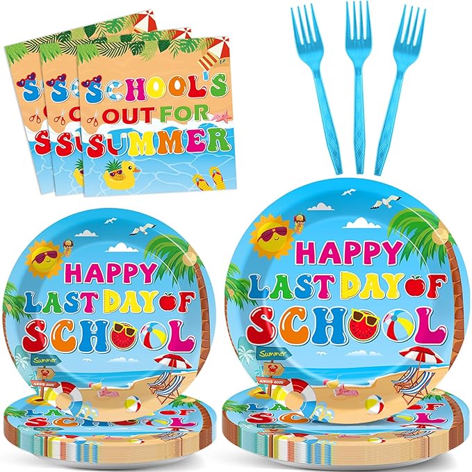 96 Pcs Happy Last Day of School Paper Party Plates and Napkins for Hello Summer Vacation Supplies Summer End of School Year Theme Dessert Tableware Set for 24 Guests Birthday Party Decorations