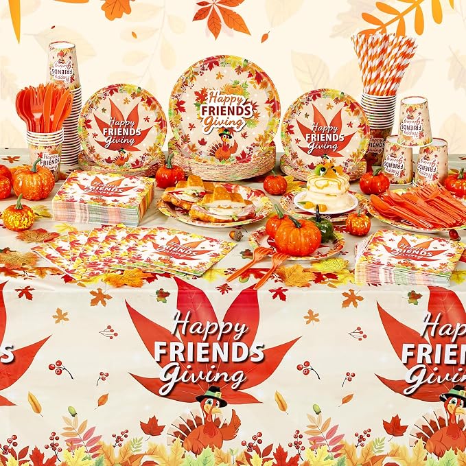 Funnymoom 452 Pcs Happy Friendsgiving Party Decoration for 50, Fall Maple Leaf Friends Giving Paper Plates Napkins Cups Tablecloth Cutlery Straws for Autumn Friendsgiving Thanksgiving Party Supplies