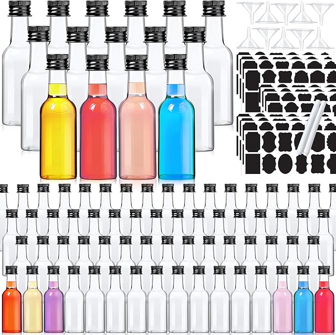YZXODN 120 Pack 2 oz Mini Liquor Bottles, Plastic Spirit Bottles with Lables, Airtight Shot Bottle with Caps, Miniature Alcohol Bottle for Cocktail,Party Favors,Weddings
