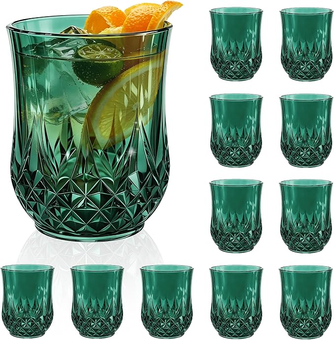 12 Pack Plastic Stemless Wine Glasses,12oz Unbreakable Vintage Elegant Drinking Glass Set,Reusable Fancy Cocktail Cups for Party, Wedding, and Bulk Events (12, 12oz-Dark Green)