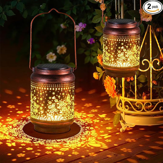KOOPER Solar Lanterns Outdoor Waterproof Birthday Gifts for Women Mon Grandma, 2 Pack Brighter Hummingbird Hanging Solar Lantern Lights Outdoor, Metal Outdoor Decoration for Yard (Butterfly and Rose)