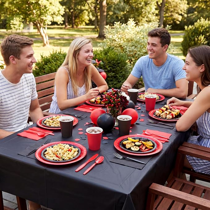 256 Pcs Red and Black Party Supplies Black and Red Birthday Disposable Paper Plates Napkins Plastic Tablecloth Fork Cup Tableware Sets for Birthday Baby Shower Party Decorations