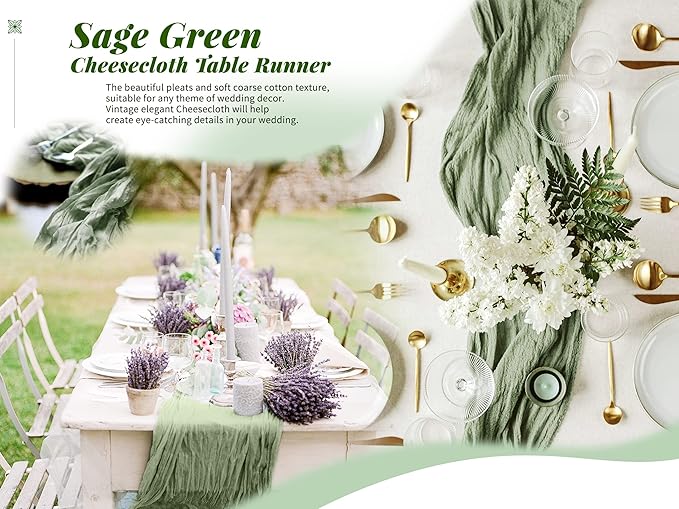 10 Packs Sage Green Cheesecloth Table Runner, 10Ft x 35" Sage Rustic Gauze Boho Wedding Table Decor