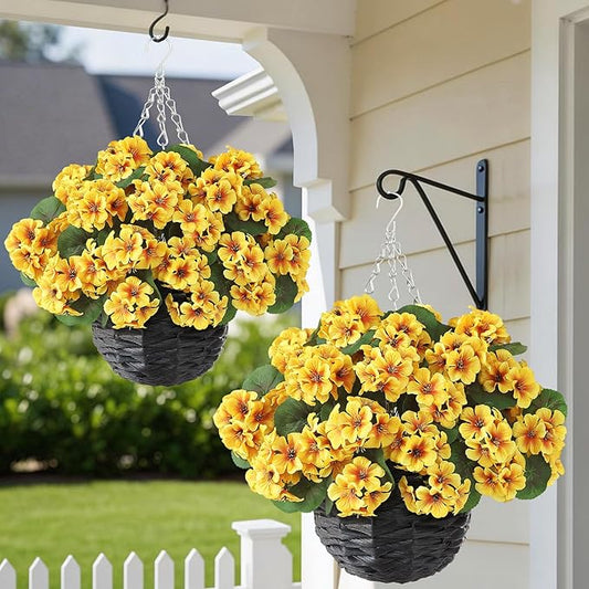 GLIDLION 2 Set Artificial Geraniums Flowers with Hanging Baskets for Outdoors - Sun Resistant Silk with Geranium Flowers, Fake Hanging Planters for Front Porch Garden Patio Home Decor (Yellow)