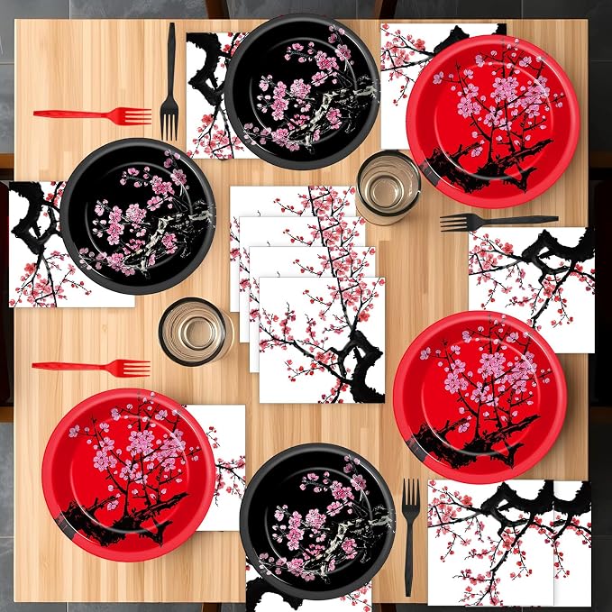 96Pcs Hibachi Party Decorations Chinese Japanese Cherry Blossom Tableware Sets Cherry Flowers Party Plates and Napkins for Hibachi New Year Spring Festival Wedding Supplies for 24 Guests