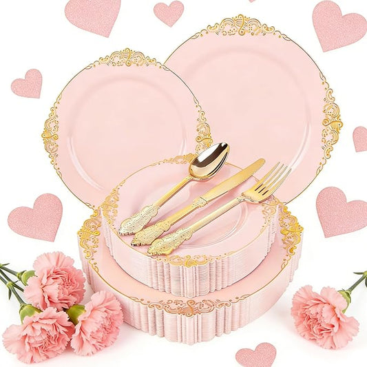 125PCS Pink and Gold Plastic Plates - Pink Disposable Plates - Vintage Plate with Gold Plastic Silverware Set for 25 Guests for Weddings Baby Shower Parties Mother's Day