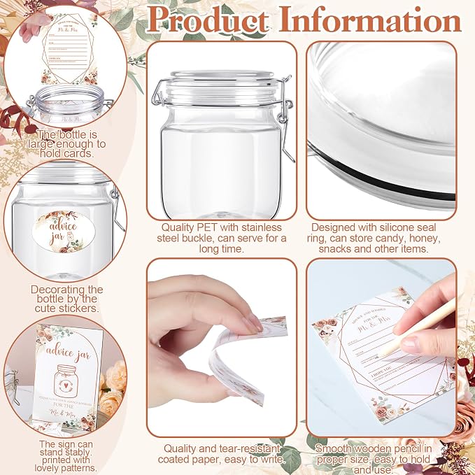 Jetec 74 Pcs Advice and Wishes for the Mr and Mrs 60 Pcs Wedding Advice Cards Advice and Wishes Jar Box Bridal Shower Advice and Wishes Cards for Bride and Groom Bridal Shower Decor(Boho)