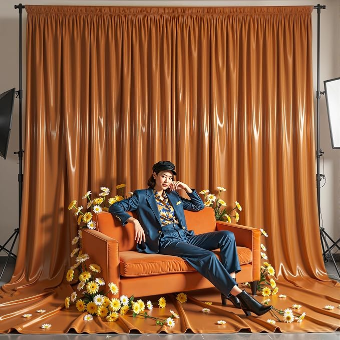 10x10ft Rust Orange Glitter Backdrop Curtain for Parties, Wrinkle Free Satin Photo Backdrop Drapes 2 Panels 5x10FT Shimmer Back Drop Cloth for Wedding Birthday Baby Shower Photography Background Decor